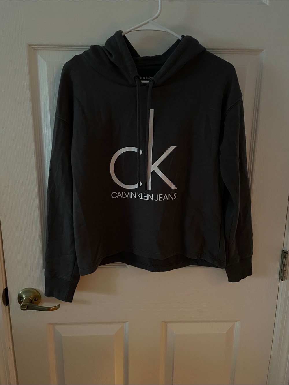Calvin Klein Jeans Gray Cropped Hoodie with White CK Logo, S